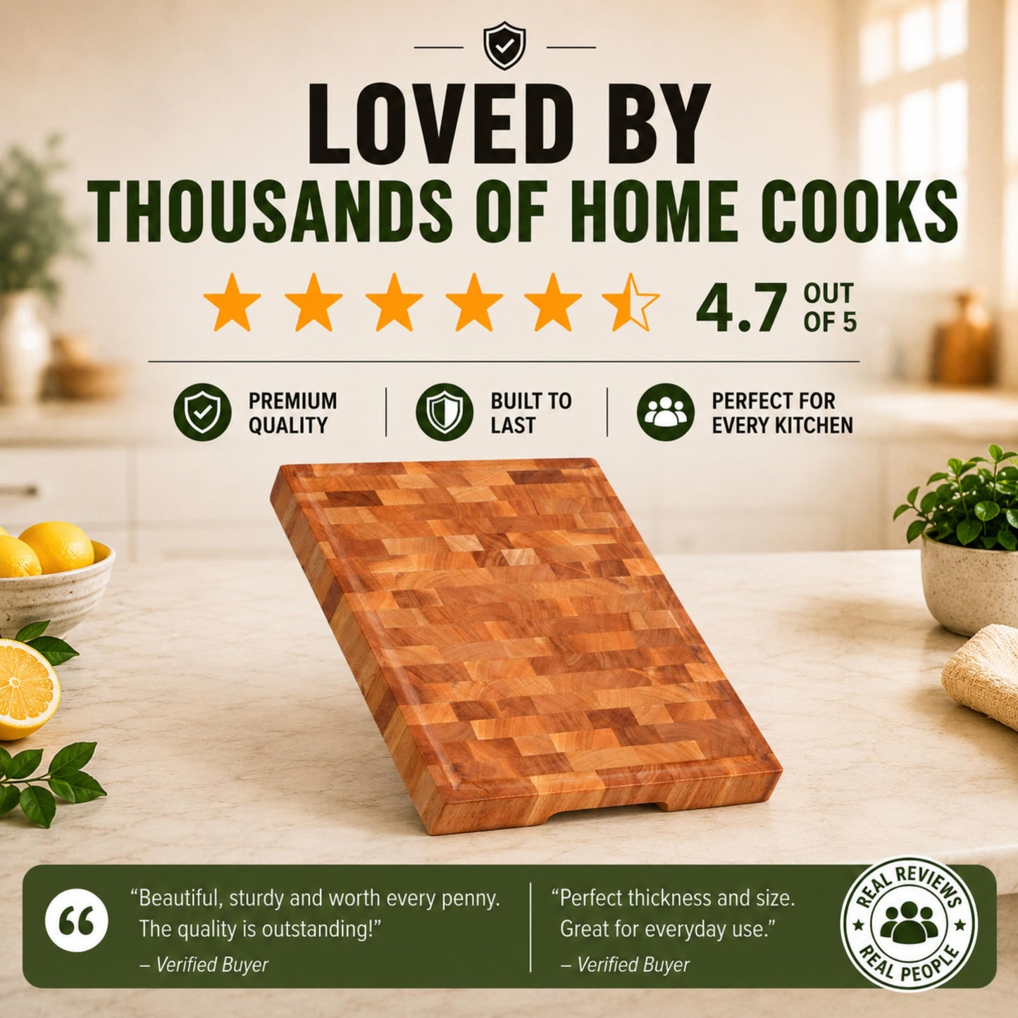 SHUMARU End-Grain Mahogany Cutting Board, 17×13×1.6" Thick Butcher Block with Juice Groove, Knife-Friendly Wood Chopping Block, Non-Slip Rubber Feet, Hand Grips, Heavy-Duty Prep & Serving Board