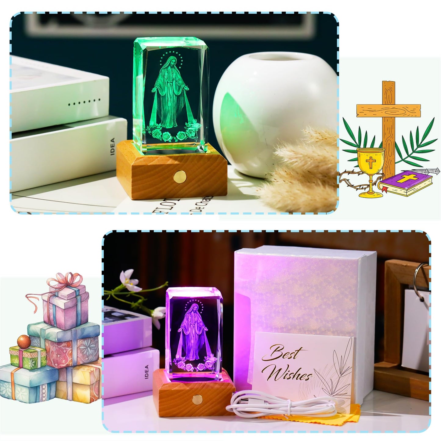 3D Crystal Virgin Mary Figurines Religious Gifts for Women Men, Glass Blessed Mother Christian Cube for Room with Wooden Light Base, Collectible Keepsake for Catholic on Christmas Home Decor