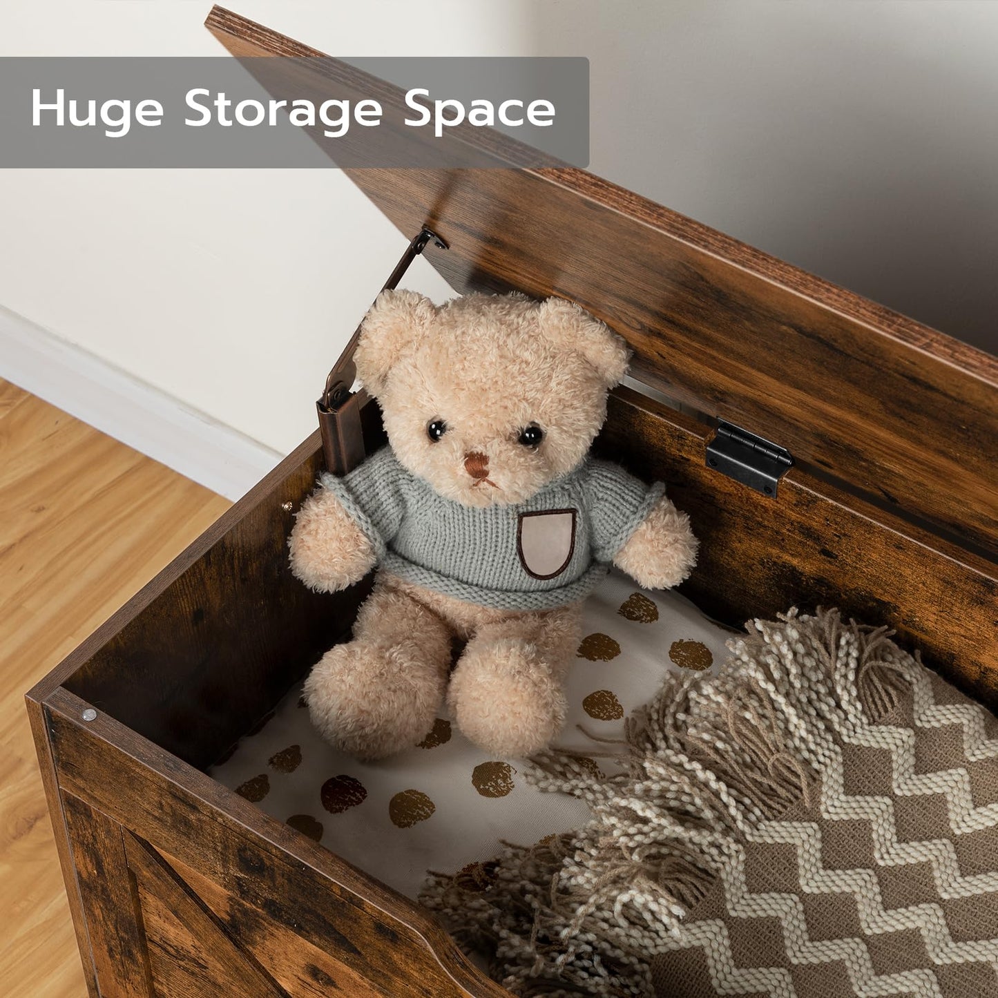 HOOBRO Storage Bench, 39.4” Retro Wooden Storage Chest with U-Shaped Cut-Out Pull, Safety Hinge, Supports 220 lb and Easy Assembly for Toy Box Organizer (Rustic Brown) BF771CW01G1