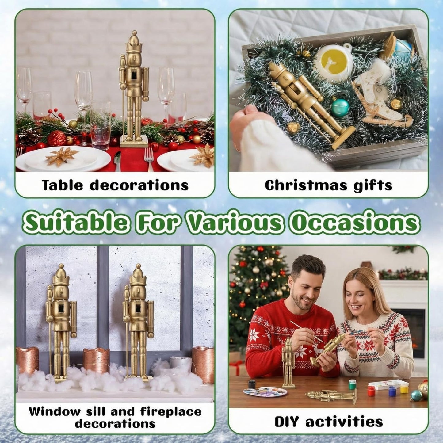 Roowest Christmas Nutcracker Figure 7 Inch Gold Wooden Doll Decoration Set Including Nutcracker with King Shape and White Beard for DIY Crafts Christmas Decorations(4 Pcs)
