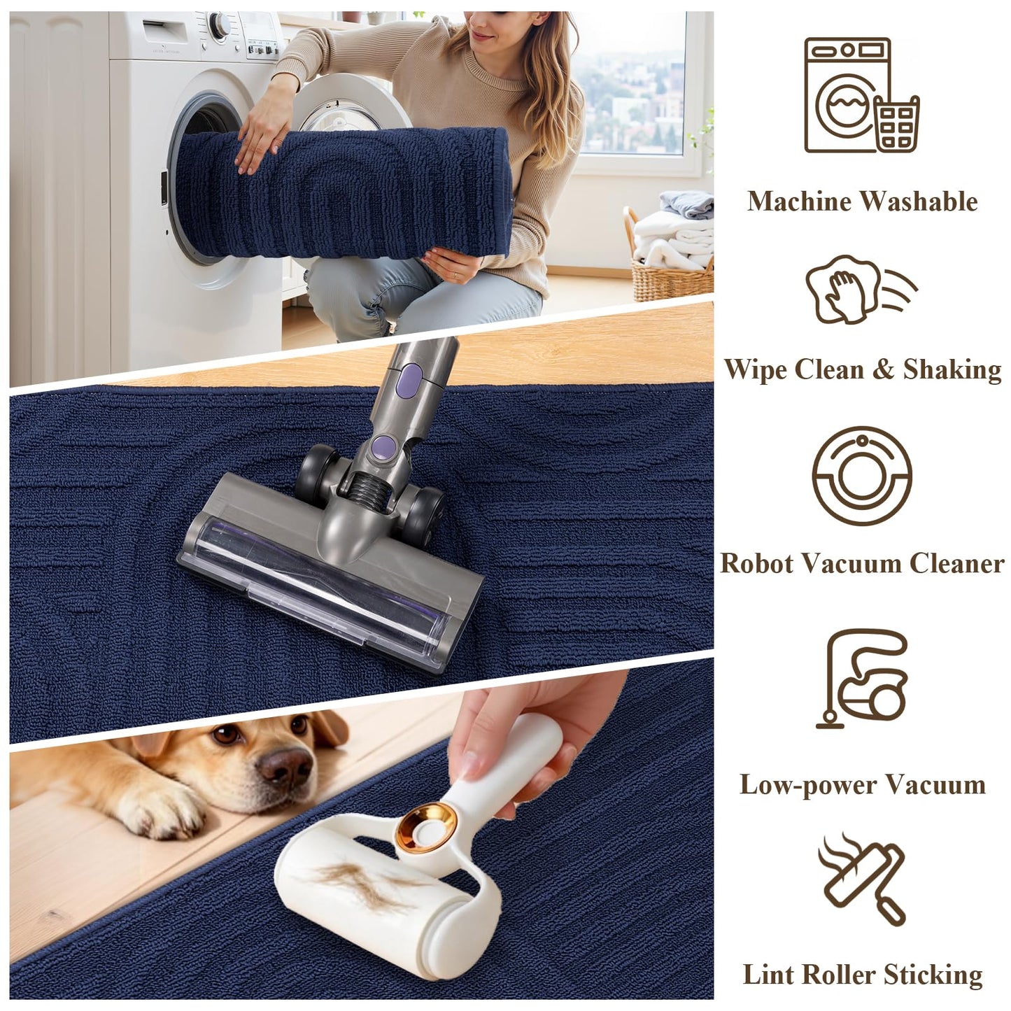 U'Artlines Kitchen Rugs and Mats Set of 3, Non Skid Washable Blue Geometric Kitchen Mats for Floor, Absorbent and Stain Resistant Floor Mat for Laundry, Sink Decor 20x32+20x48+20x59