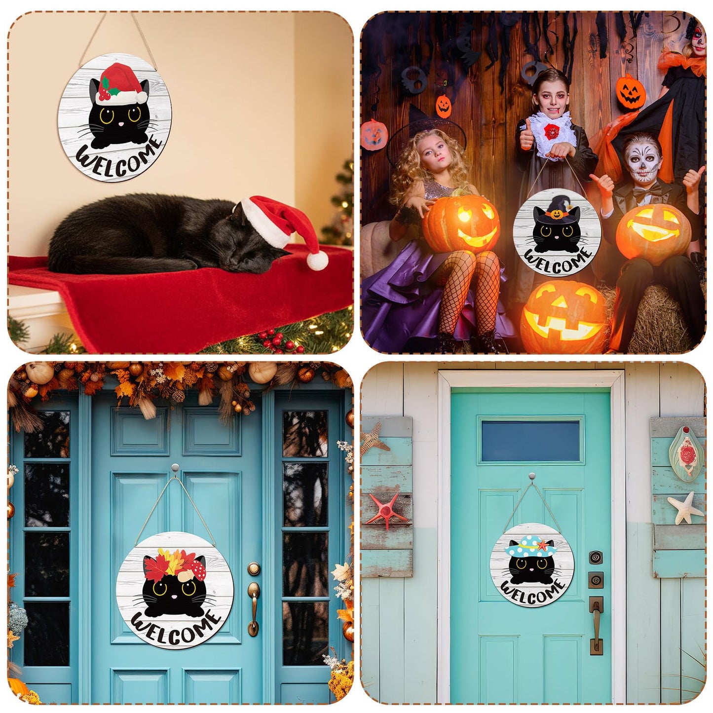 BrightRow 16 Pcs Interchangeable Welcome Sign Set for Front Door, Wooden Black Cat Welcome Sign with 15 Headwear, Farmhouse Decor for Porch, Halloween, Christmas, Housewarming Gift, Cat Lovers