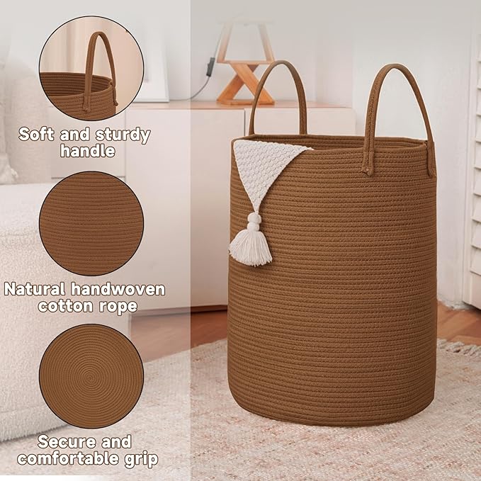 Large Woven Laundry Basket Hamper, 80L Cotton Rope Storage Bin