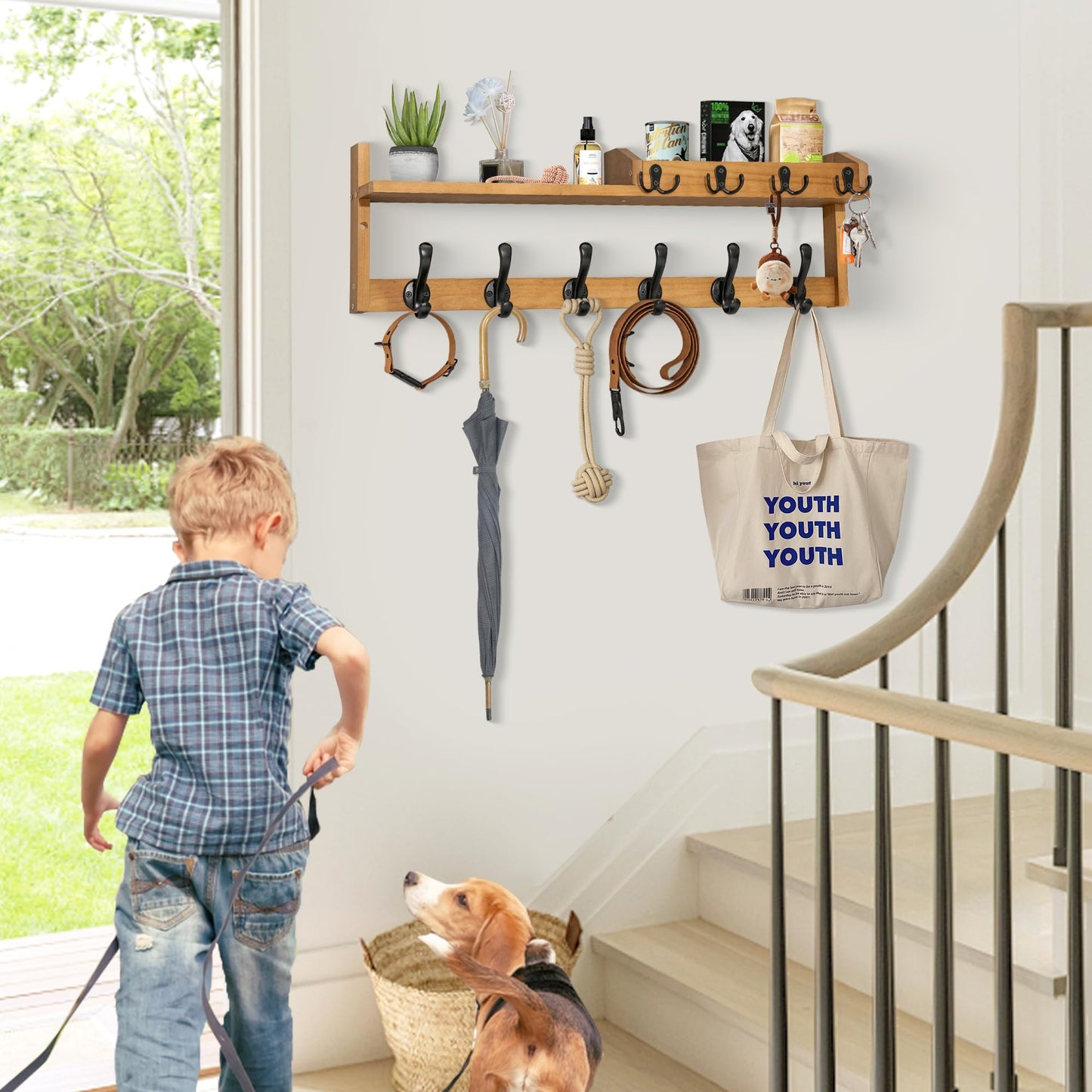 Coat Rack Wall Mount with Shelf, 27.5" Entryway Wall Hanging Shelf, Coat and Key Hanger with 10 Dual Hooks, Mail Organizer and Key Holder Hat Rack for Wall, Wood Coat Hooks with Storage