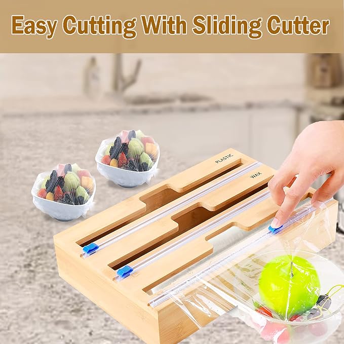 Foil and Plastic Wrap Organizer with Kitchen Aluminum Foil Holder, Cling Plastic Wrap Dispenser with Cutter and Labels, Bamboo Kitchen Wrap Organizer (3 in 1)