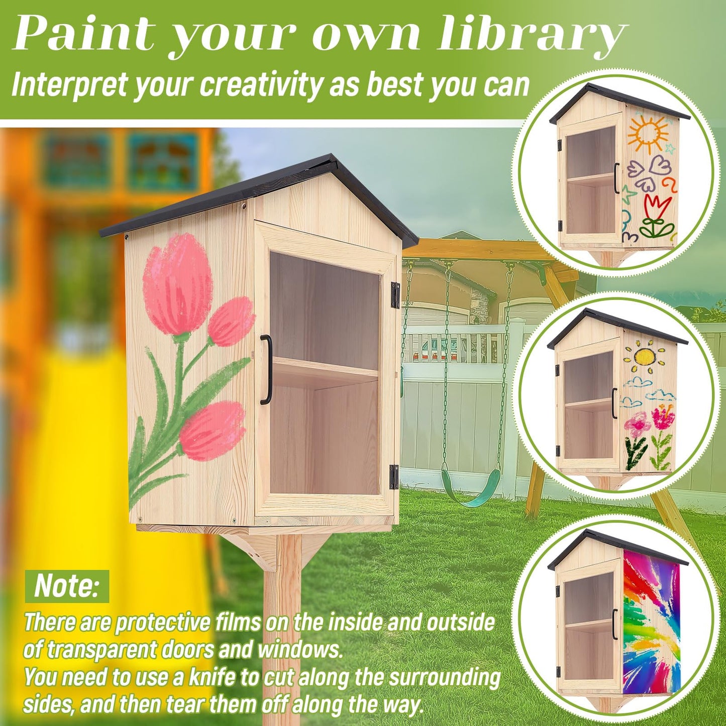 Wonderjune Little Library Box Outdoor with Floor Plugs & Flower Fence, Durable Weatherproof Solid Wood Book Exchange Box for Community, Literature, School Sharing Book(Natural Wood,Steepletop)