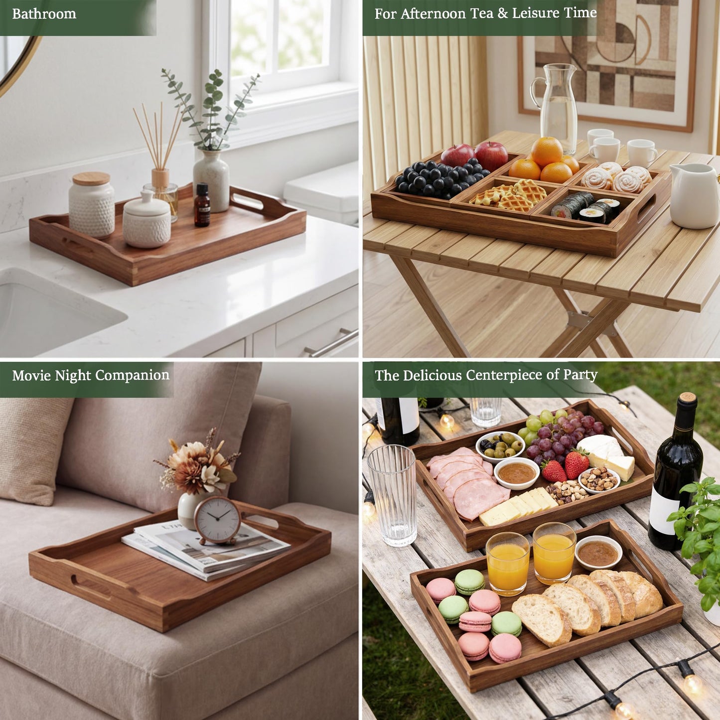 Plusinthebox Acacia Wood Serving Tray with Handles, Rectangular Wooden Ottoman Tray for Coffee Table, Breakfast in Bed, Drinks, Kitchen Countertop and Home Decor