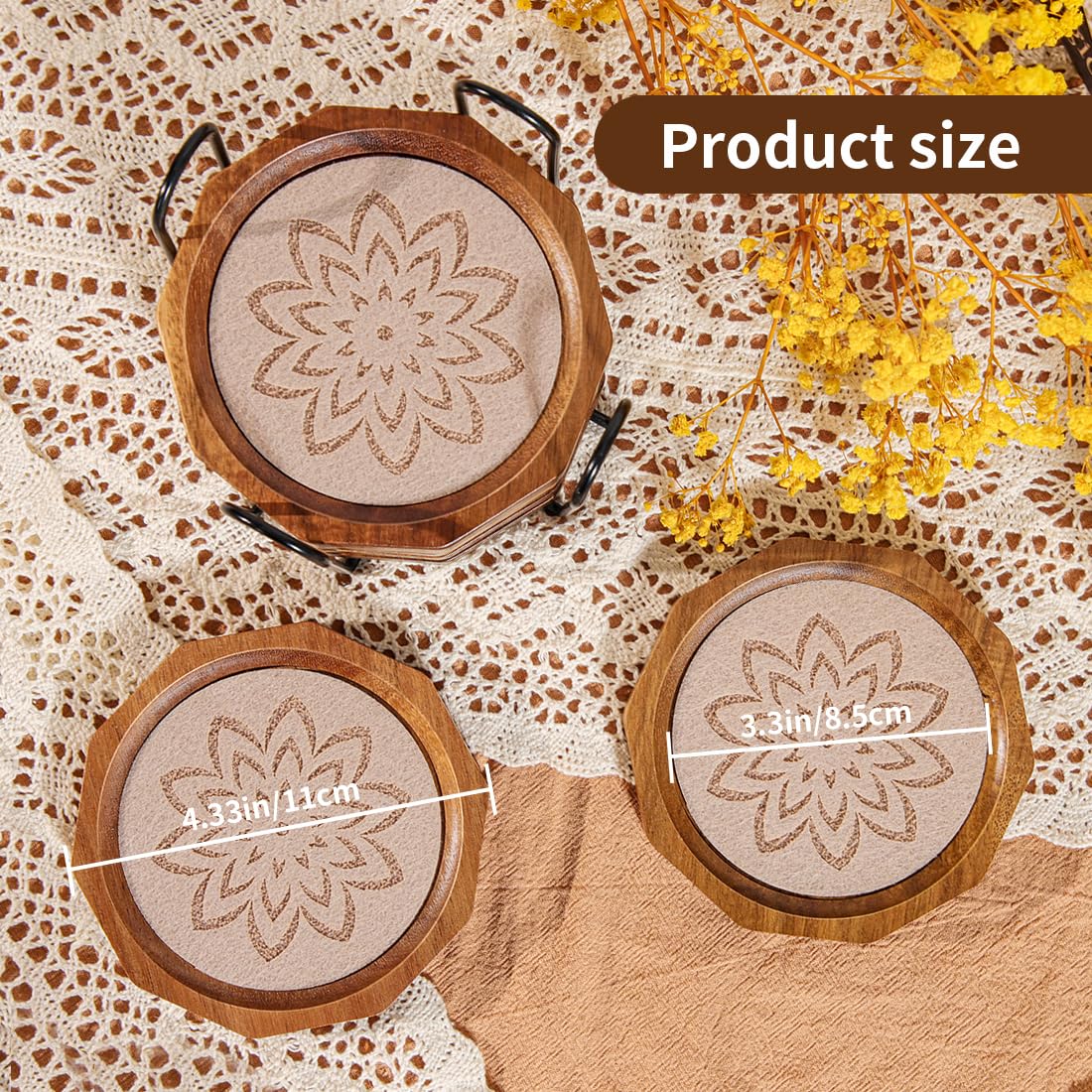 Wood Coasters for Drinks Absorbent with Lip, 4.3 Inch Acacia Wood Camel Felt Coaster with Holder for Wooden Coffee Table for Cups, Mugs, and Glasses - Set of 6