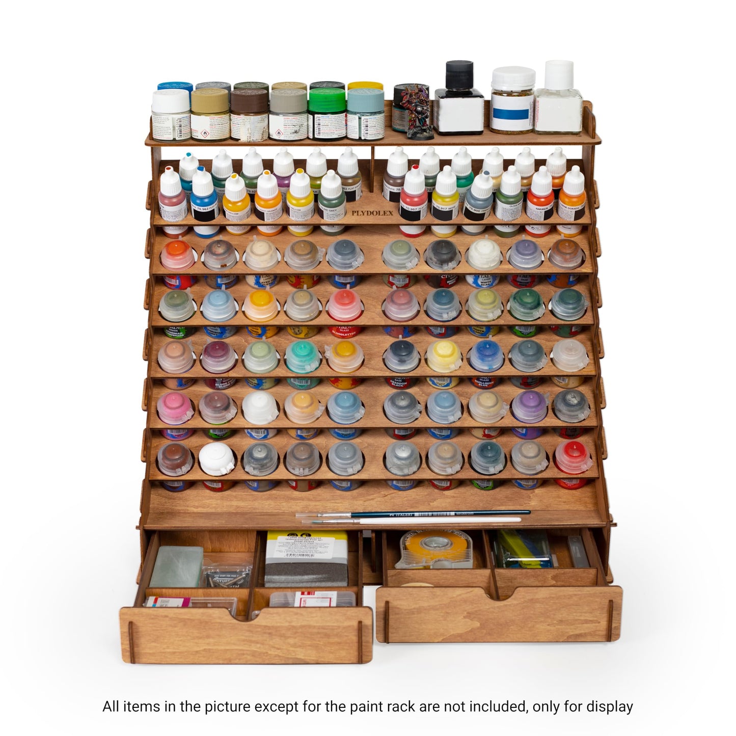 Plydolex Wooden Paint Organizer - 74 Holes Suitable for Vallejo, Citadel, Tamiya Paint Bottles - 14 Brushes Holes, 6 Minis Stands and 2 Drawers - Works for Warhammer, DnD and Other Miniatures
