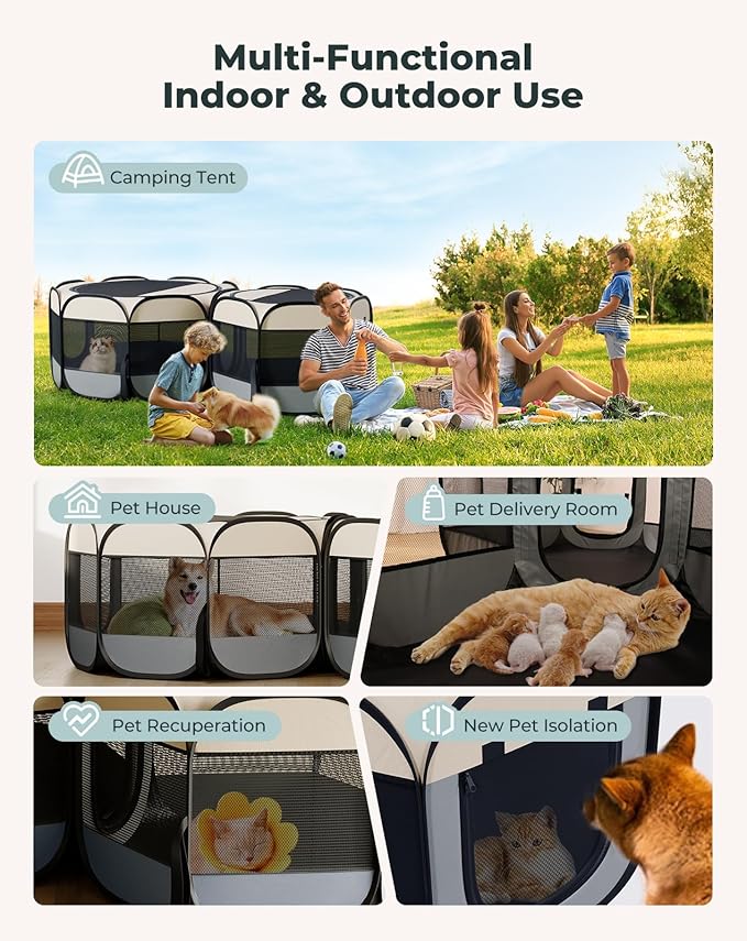 Cat Playpen, 71"x 24" Large Portable Puppy Playpen, 2-Room Foldable Dog Playpen for Indoor Outdoor Dogs, Cats, Small Animals with Carrying Case
