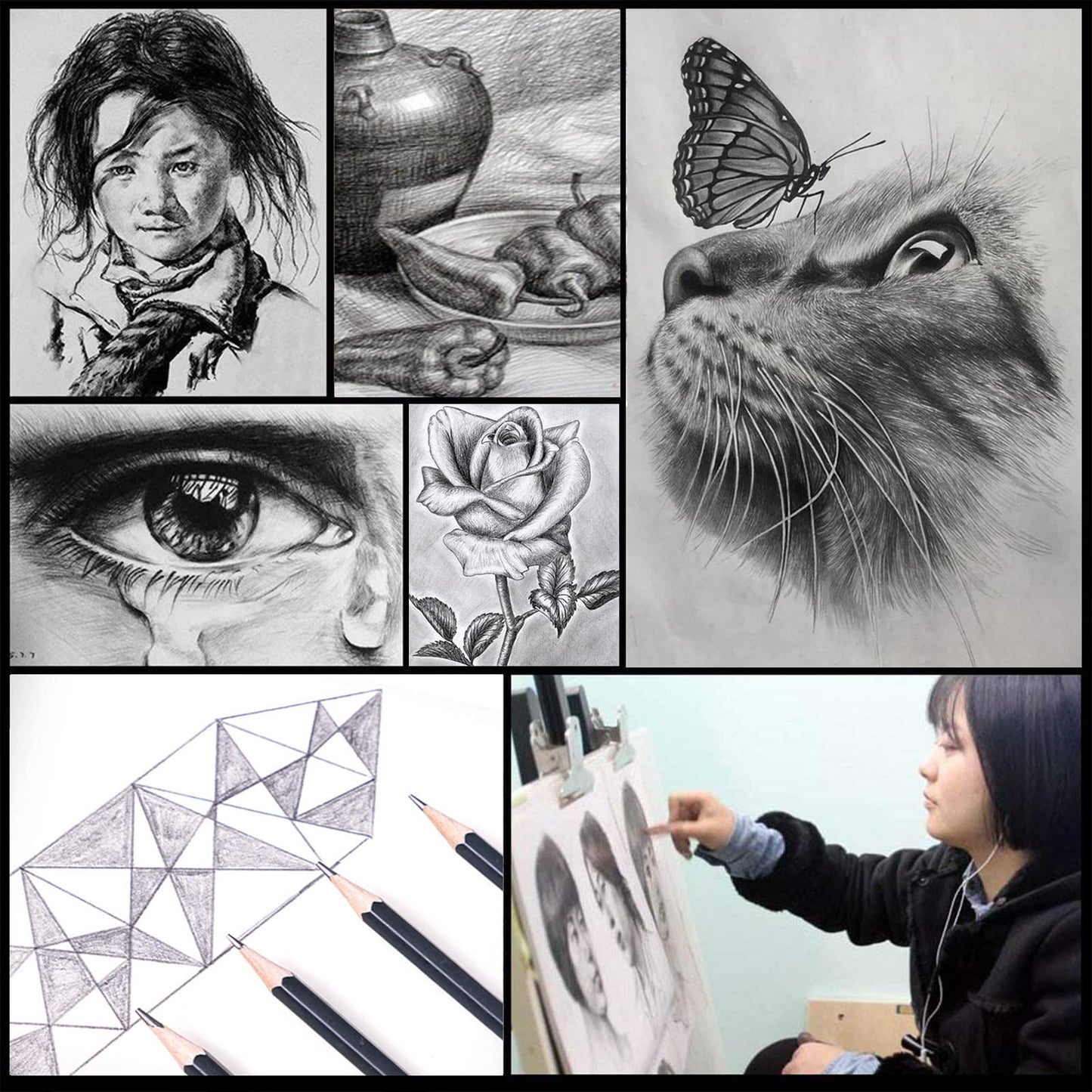 Heshengping 31 Drawing Sketching Pencils Kit, Portable Artist Supples Travel Case Set has Graphite, Charcoal, white color pencil, Blending Stump, gift for Adults Beginners for Drawing Sketch