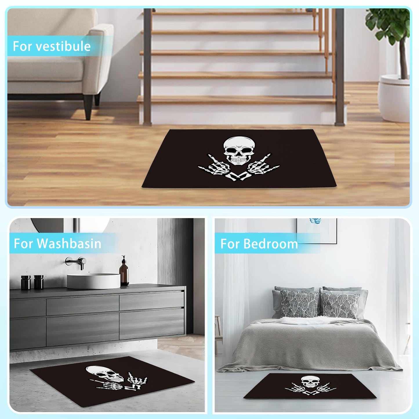 Door Mat Skeleton Hands Gestures Rock and Roll Welcome Mat 30"x17" Outdoor and Indoor,Non-Slip Front Doormat for Home Entrance,Outside Entry,Yard,Floor,Patio