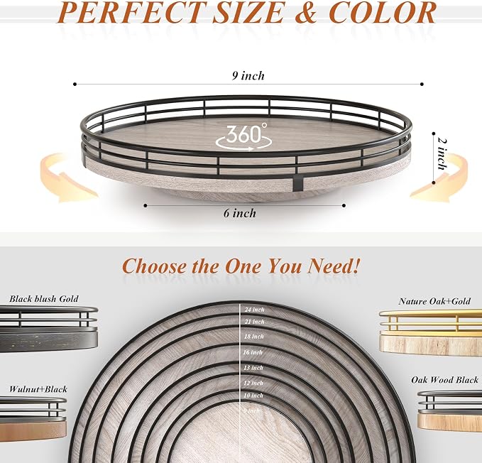 9" Wooden Lazy Susan Organizer for Cabinet, Turntable Round Decorative Tray for Kitchen Sink, Countertop Organizer, Bathroom Counter Organizer for Skincare Makeup, Rustic Whitewashed
