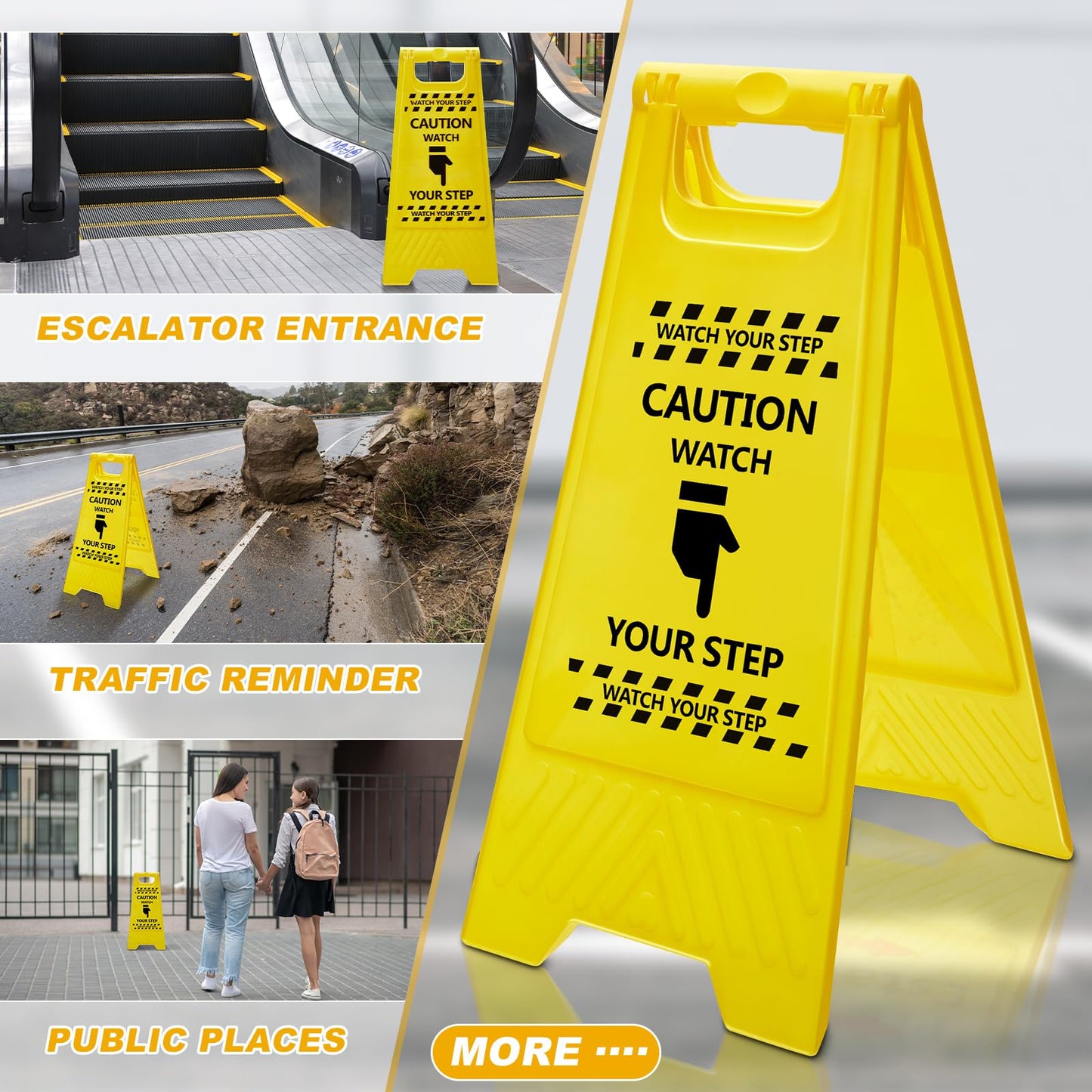 Amylove 3 Pcs Caution Watch Your Step Sign, 24" Height, Safety Bright Yellow Double Sided Floor Heavy Duty A-shaped Frame Design Plastic Warning Caution Sign for Home Yard Outdoor Wet Floor Step