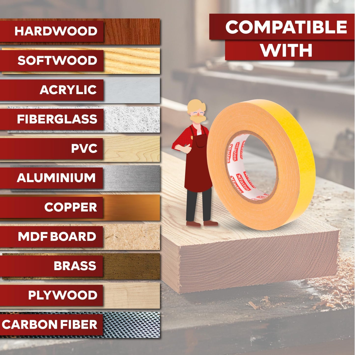 XFasten Double Sided Woodworking Tape 2 Inch x 90 Feet, Heavy Duty Residue-Free Double Sided Masking Tape for Router Templates, High Speed CNC Router, MDF Edge Banding, and Zero Clearance and Gap Cuts