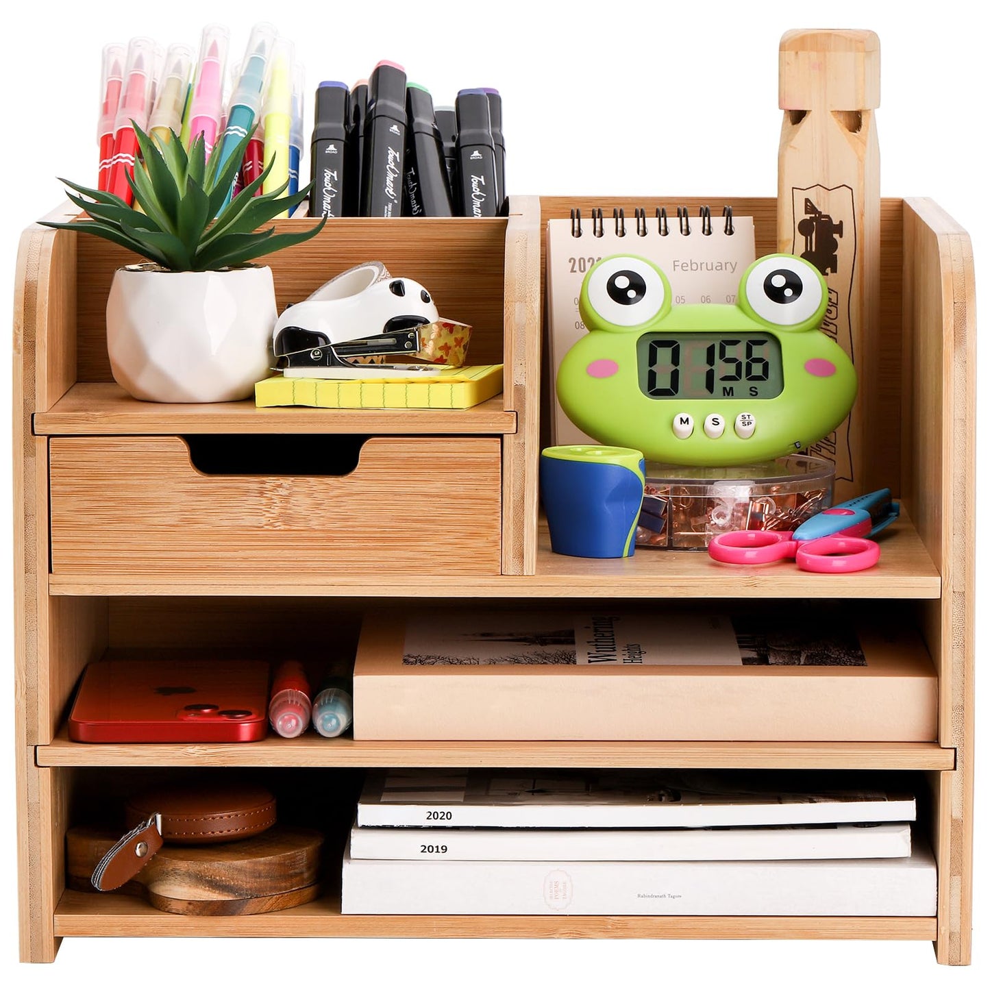 Frcctre Bamboo Desktop Organizer with Drawer, 3 Tier Wooden Desk File Document Organizer with Pen Holder, Tabletop Stationery Storage Organizer Storage Rack for Desk Accessories, Office Supplies