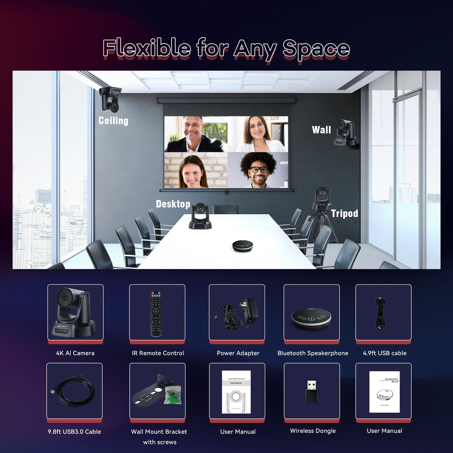 TONGVEO Conference Room Camera System 4K UHD 3X Optical Zoom 93ยฐ Ultra-Wide FoV USB3.0 PTZ Camera and Wireless Bluetooth Speakerphone with Microphones, Works with Zoom, OBS, Skype, Teams and More