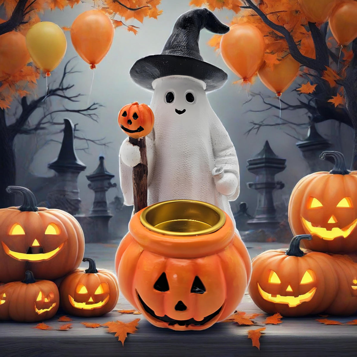 HARUHI Adorable Spooky Ghost Statue Figurine Cute Halloween Decor for Desk Shelf Home & Garden Decoration(Ghost Mage)