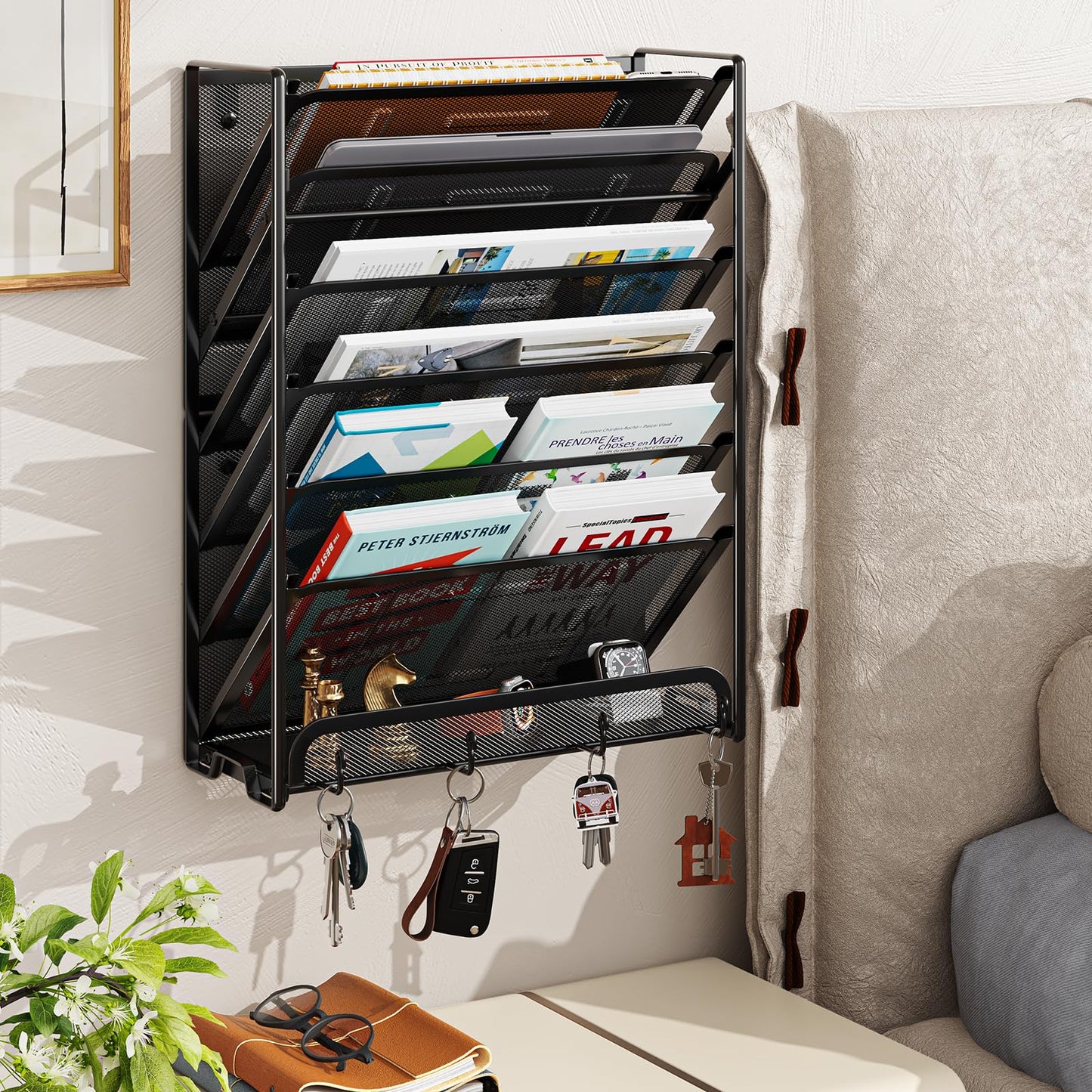 Ekisemio 7-Tier Wall File Organizer, Hanging Mesh File Holder with 4 Hooks, Sturdy Metal File Rack for Desk or Wall, Home Office Storage, Black
