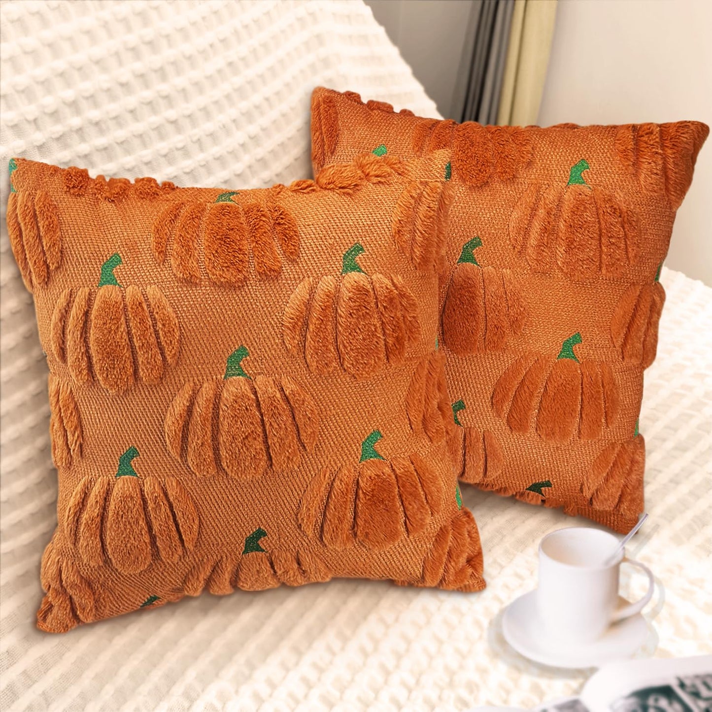 Bunliuys Fall Pumpkin Decorative Throw Pillow Covers 24x24 Set of 2 Pillow Covers, Faux Fur Square Pillow Cover Fluffy Plush Accent Throw Pillow Case, Throw Pillow Cover Cushion Cover for Autumn