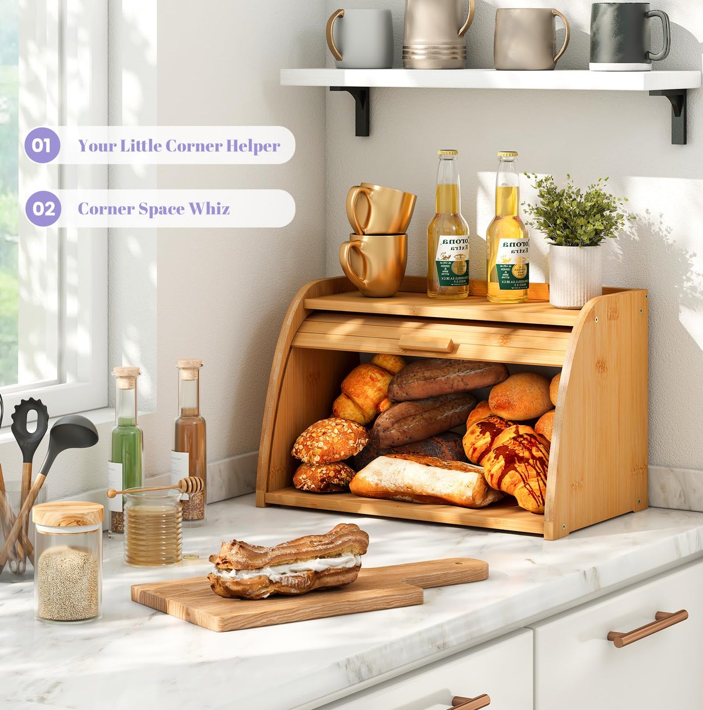 Wieghda Natural Bamboo Kitchen Storage Roll Top Bread Box,Bread box for Kitchen Countertop