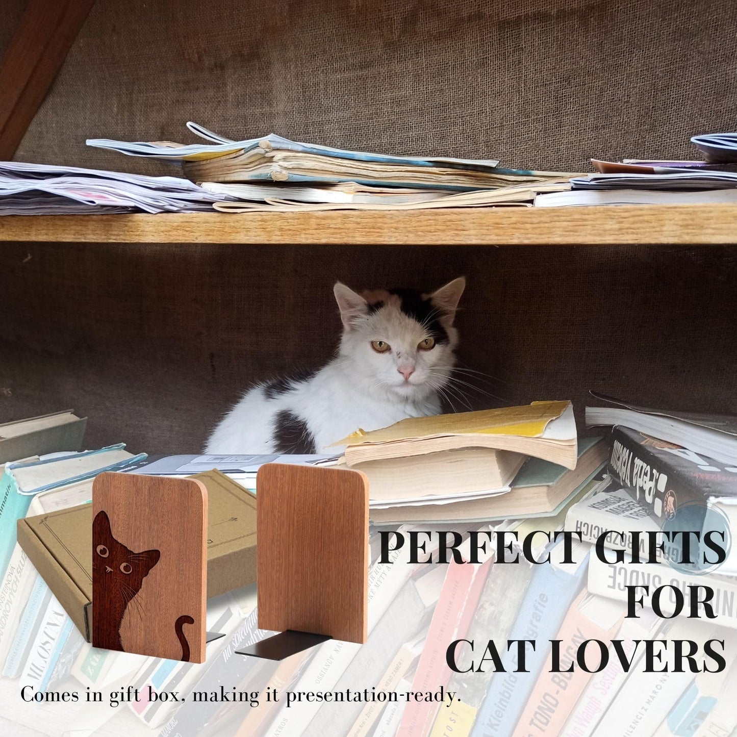 INNObeta Decorative Wooden Book Ends, Animal Bookends, Heavy Duty Bookends for Shelves Unique Design(1 Pair, 4.72x6.69 Inches) - Cattail