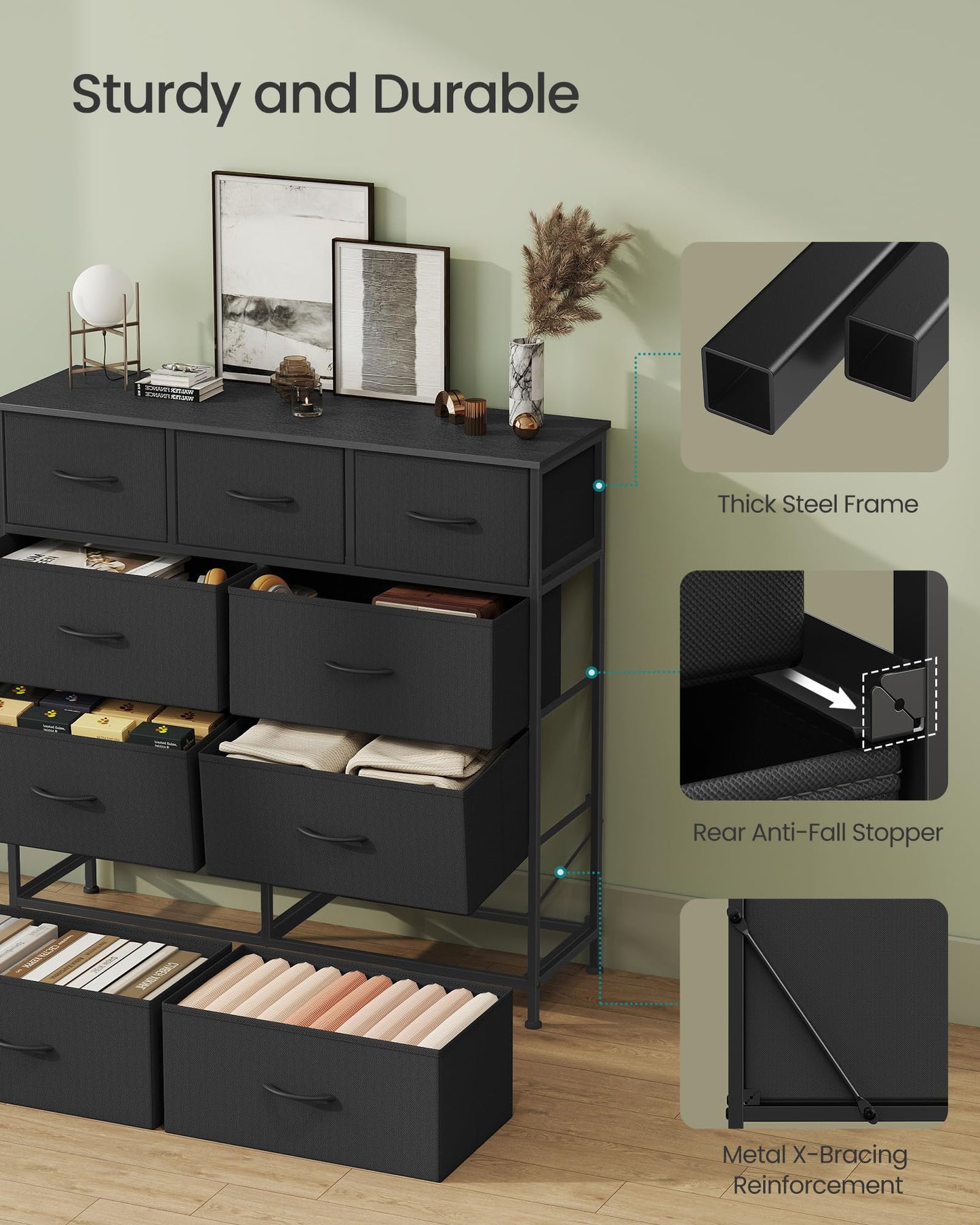 SONGMICS BELLAH Collection - Dresser for Bedroom, Chest of Drawers, Storage Organizer Unit, Closet, Entryway, Steel, 9 Drawers, Modern, Ink Black and Ebony Black ULGS324B01S