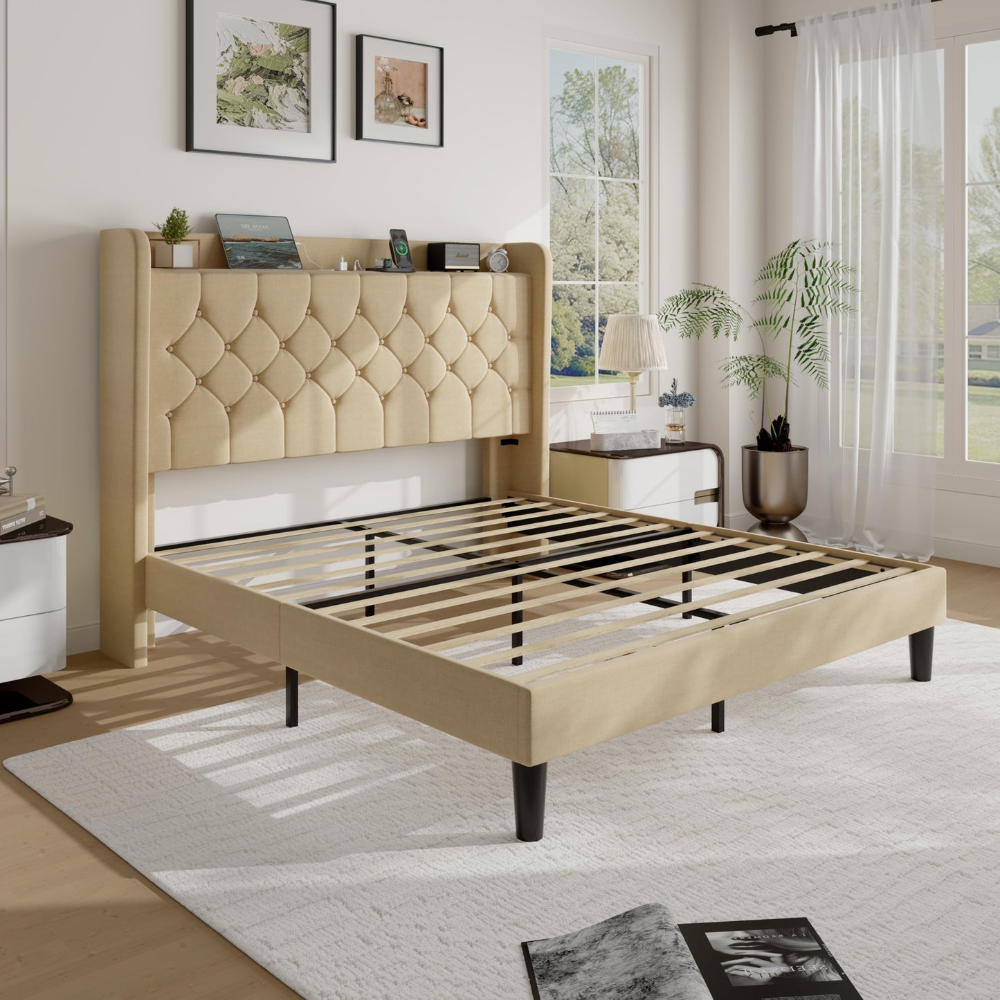 SHA CERLIN Full Size Platform Bed Frame with Charging Station, Linen Wingback Headboard with Storage Shelf, Wooden Slats Support, Ample Under-Bed Space, No Box Spring Needed, Easy Assembly, Beige