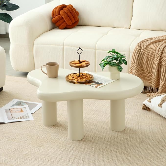 34"(L) Cloud Coffee Table, Modern Wood Coffee Table for Living Room, Accent Center Tables with 3 Legs, Small Tea Tables for Balcony, Patio, Bedroom, Cream White