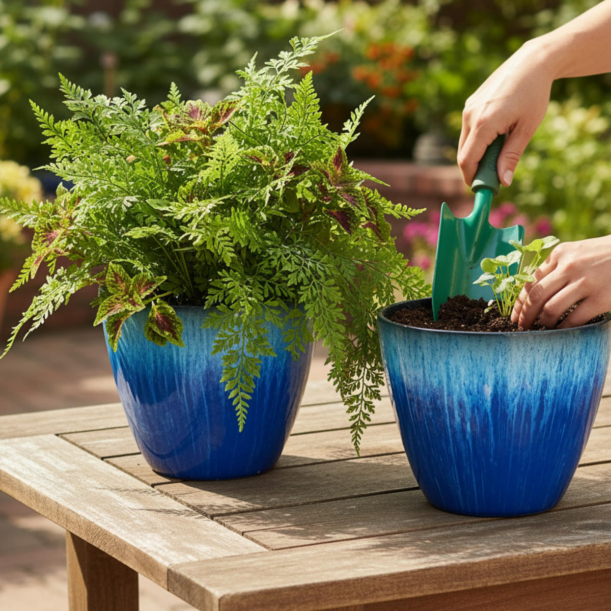 LESOASIS Pack of 2 Flower Pots, Plastic Plant Pots with Drainage Holes, 8 inch Modern Glossy Finishing Planter for Indoor Outdoor Plants (Blue Glaze, 2 Pack)