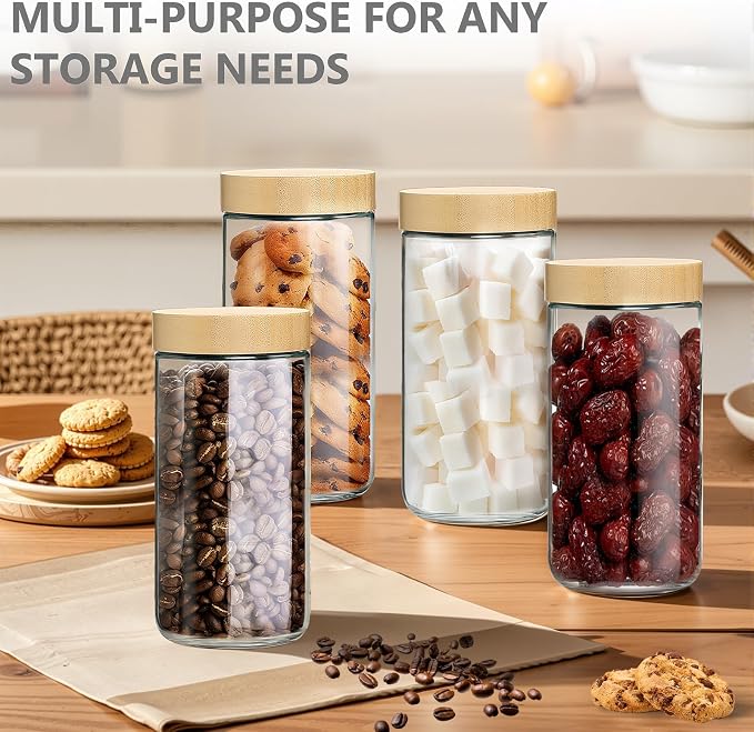 TBWIND 4 Pack 24oz Glass Jars with Bamboo Lids, Spoons, Airtight Overnight Oats Containers, Wide Mouth Mason Jars, Food Storage Container for Yogurt Salad Snacks Spice Sugar Meal Prep – Reusable