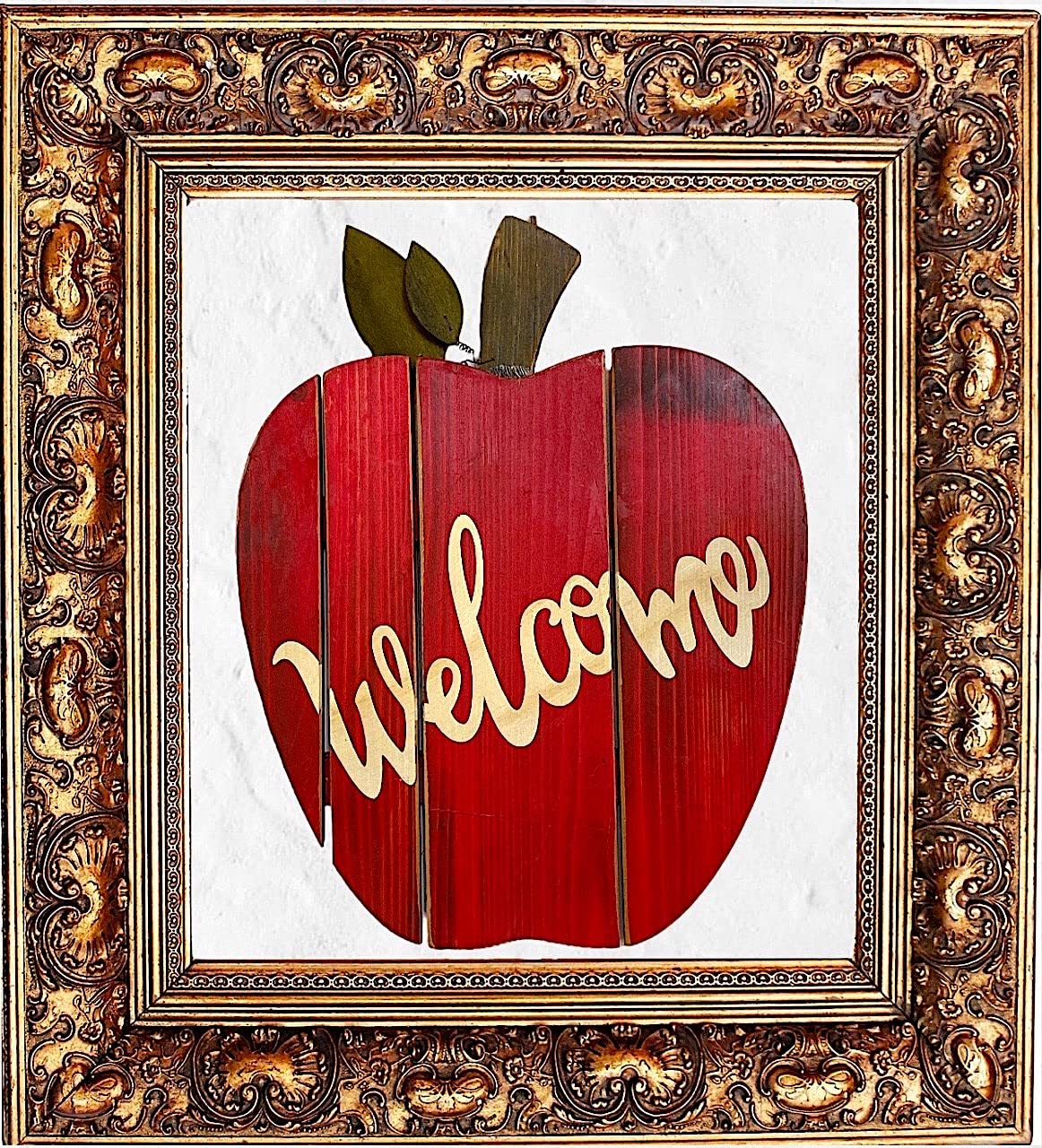 STC World Apple Welcome Wall Door Room Decor Hanging Wooden Art Home Office Indoor Outdoor (Red Apple Welcome)