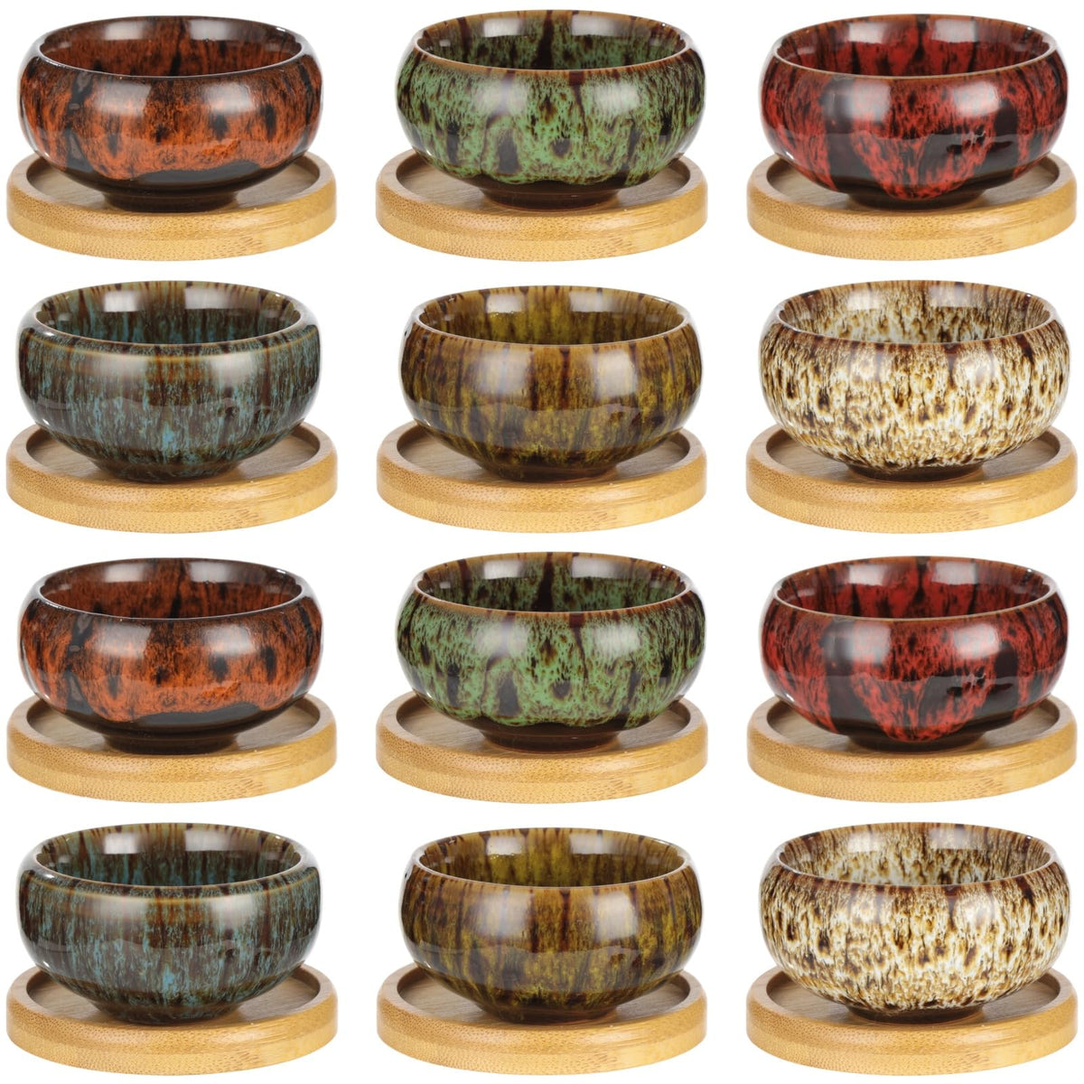 OMISTAR 12 PCS Mini Ceramic Succulent Pots 2.5 in, Colorful Glazed Planters with Drainage Hole, Small Round Flower Pots with Bamboo Trays, Indoor Desktop Windowsill Plant Pot Set