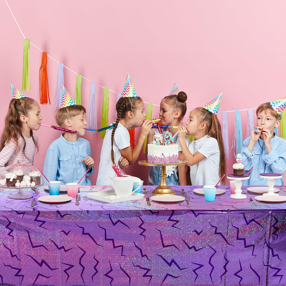 Hauwellter 6 Pack Iridescent Purple Kpop Plastic Tablecloth 54x108 Inch, Holographic Laser Disposable Table Cover, Rectangle Purple Table Cloth for Kpop Disco Halloween Birthday Party Decorations