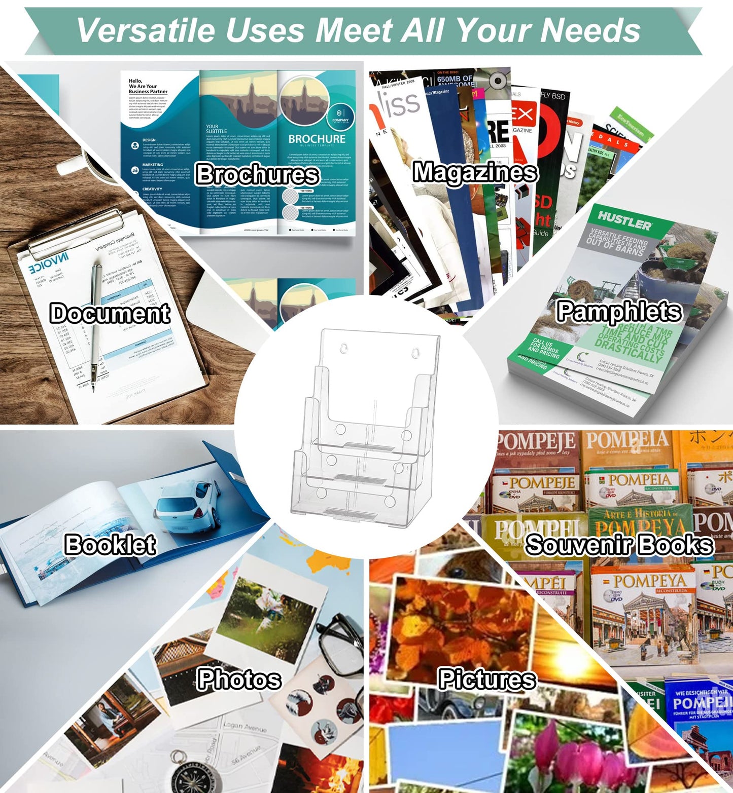 Argvey Acrylic Brochure Holder 8.5 x 11 inches, 3 Tier Clear Literature Holder with Removable Divider for Trifold 4 Inches Wide Pamphlet, Plastic Flyer Display Stand for Magazine, Document, Booklet