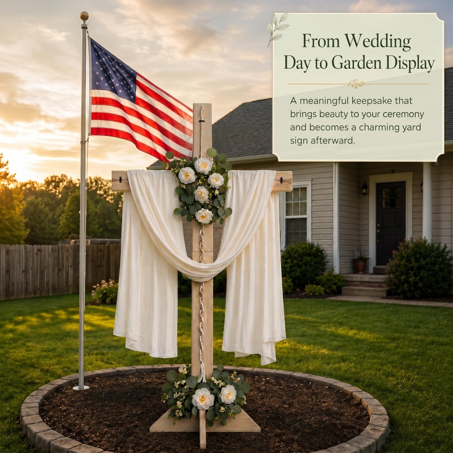 71 Inch Wedding Large Wood Cross, A Cord of Three Strands Wedding Ceremony Sign – White Chiffon Drape, Rose Flower Swags, Large Standing Christian Altar Cross for Outdoor Indoor Ceremony and Reception (White)