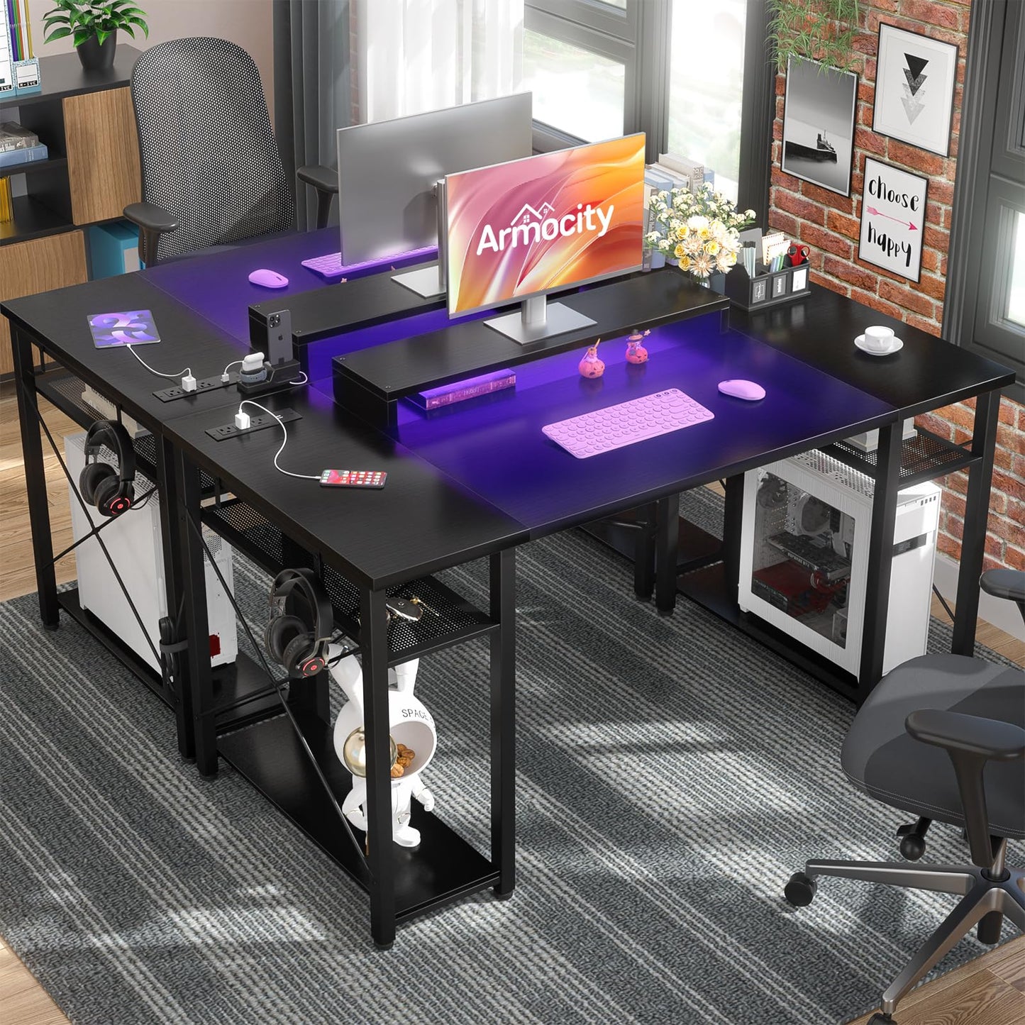 armocity Computer Desk with LED Lights, 48 Inch Reversible Large Desk with Power Outlet and USB, 48'' Gaming PC Table with Moveable Monitor Stand for Home Office, Workstation, Black