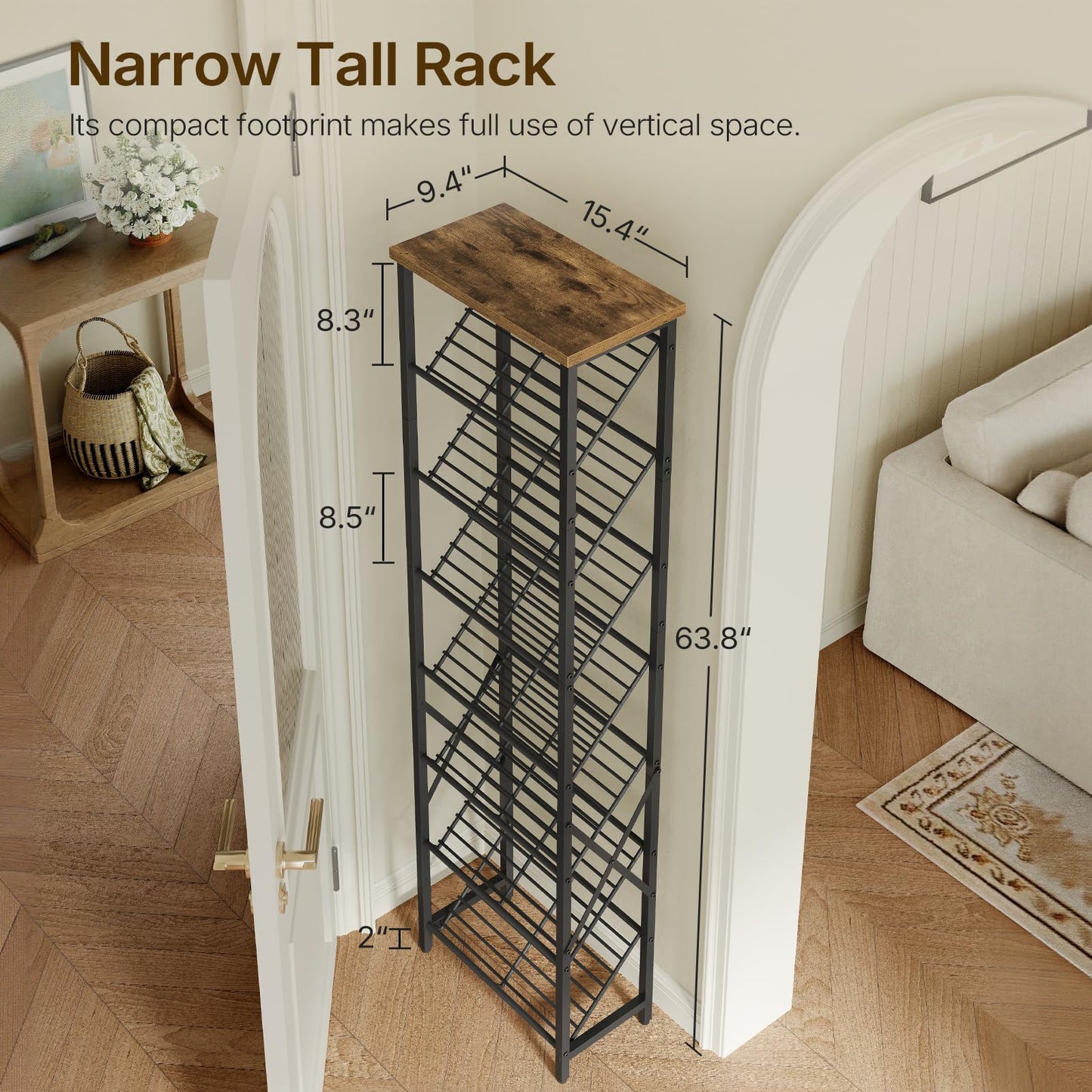 YATINEY 10-Tier Tall Shoe Rack and 8-Tier Tall Shoes Rack, Slim Shoe Organizer for Entryway, Thin Shoe Rack for Closet, Narrow Shoe Storage Shelf with Wooden Panel, Space Saving SS210BR-SS18BR