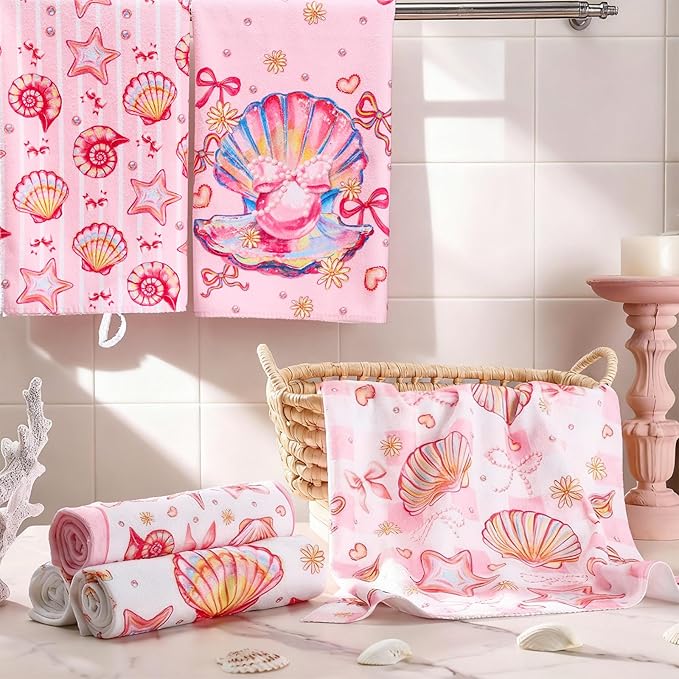 Breling Set of 6 Pink Beach Kitchen Towels Coastal Beach Dish Towel Bathroom