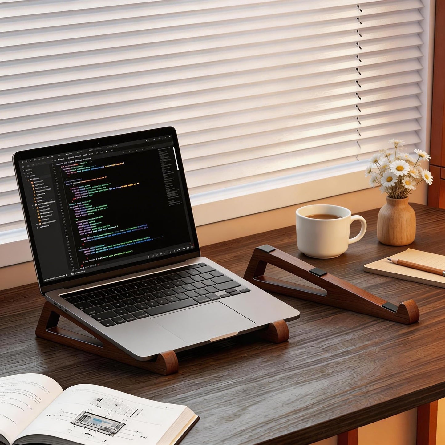 GcwJovialite Bamboo Wooden Laptop Stand, Portable Wood Laptop Stand for Desk Tablet with Carry Pouch, Compact Travel Laptop Stand with Protective Silicone Pads, Suitable for Laptops and Tablets