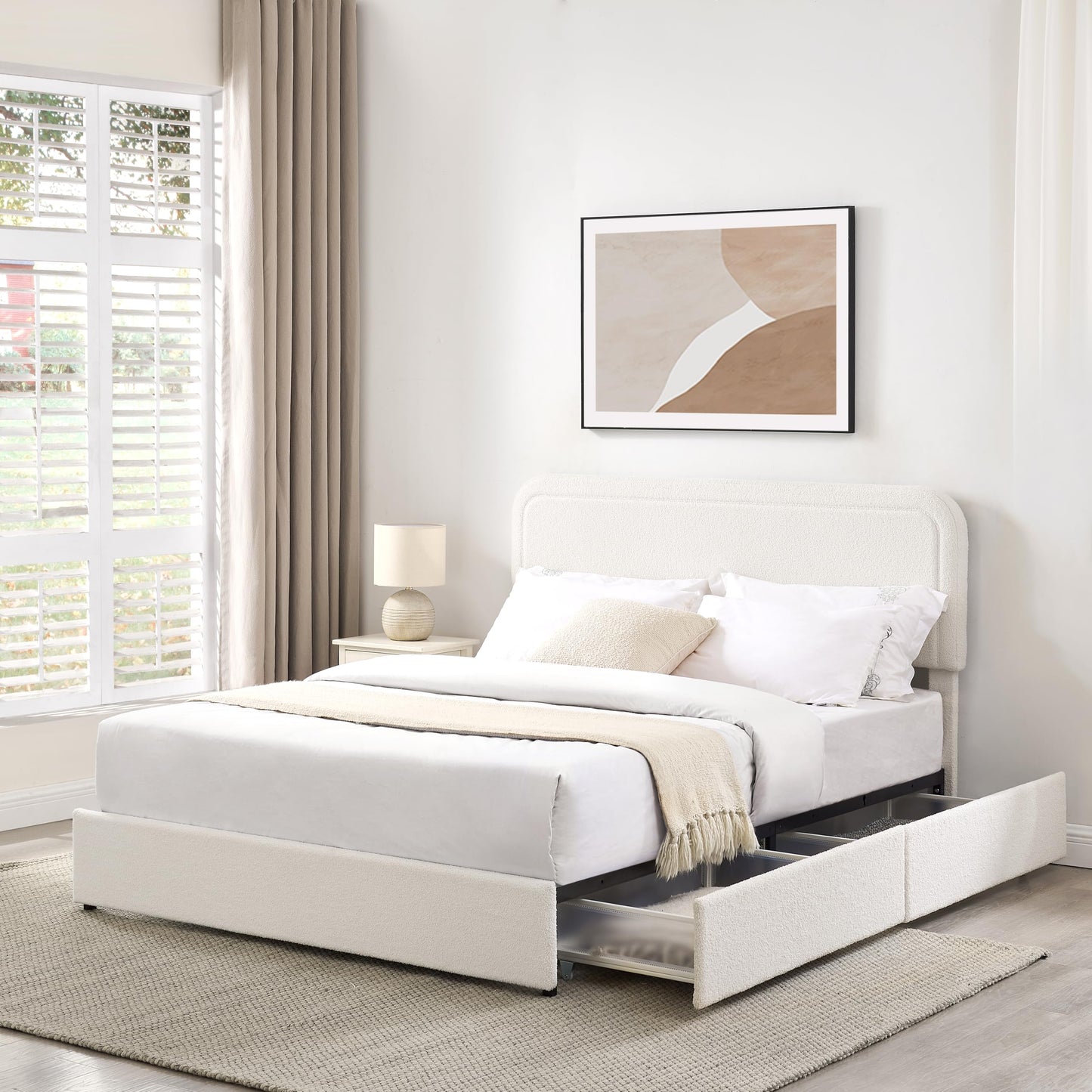 Ball & Cast Queen Size Bed Frame,Boucle Upholstered Platform Bed with Patented 2 Drawers Storage & Curved Stitched Headboard,Wooden Slats Support,No Box Spring Needed,Easy Assembly,Ivory