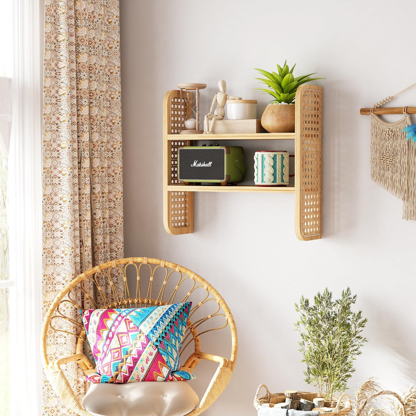 LUPWNEKA Natural 2-Tier Rattan Shelf - Wall Mounted Woven Boho Shelves, Handmade Rattan Display Shelf for Entryway, Nursery, Kitchen, Bathroom & Living Room