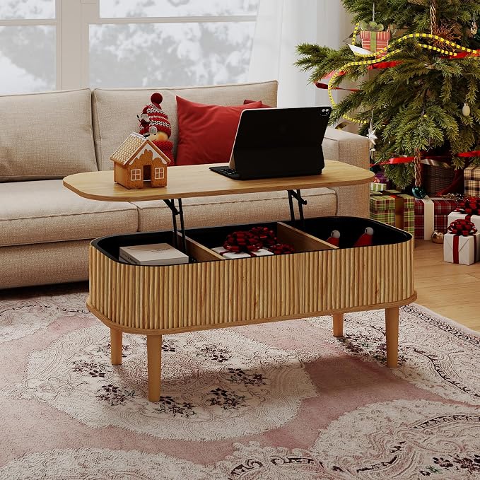 Fluted Lift Top Coffee Table with Hidden Storage, Oval Coffee Table with Lifting Top, Mid Century Modern Design for Living Room, Office & Small Spaces, Natural