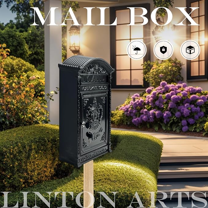 Vintage Mailboxes for Outside – Large Lockable Outdoor Mailbox, Weatherproof Metal Mail Box for Outside House, Cast Aluminum Decorative Mailbox for House, Post Mount for Fence(12.28"x17.51"x3.62")