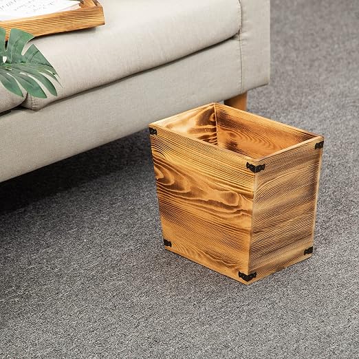 Grey Farmhouse Style Torched Wood Trash Can Waste Bin with Decorative Metal Brackets Trash Can for Bedroom,Living Room, Bathroom & Office (Brown)