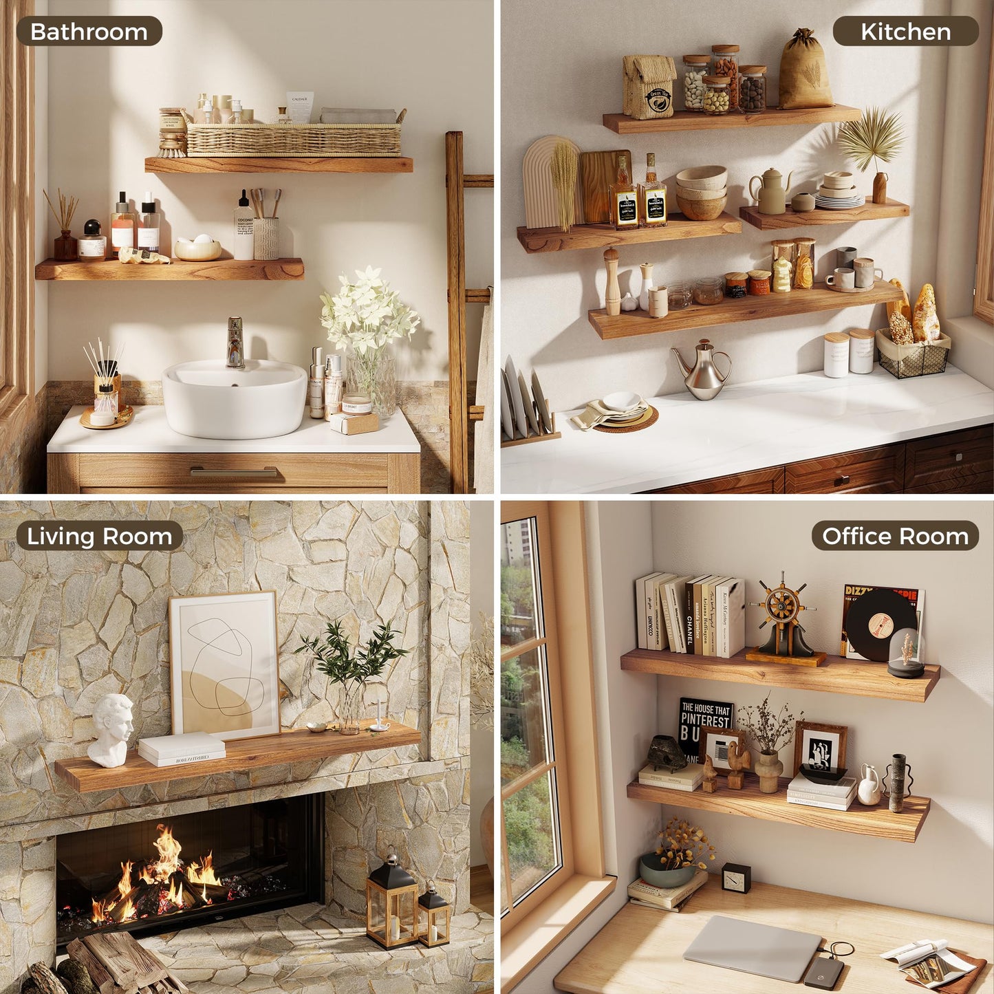 RICHFOCUS 20inch Natural Floating Shelves for Wall, 8" Deep High End Solid Real Wood Wall Shelves for Bathroom, Rustic Wooden Floating Shelves with Invisible Brackets for Books Storage Decor, Set of 2