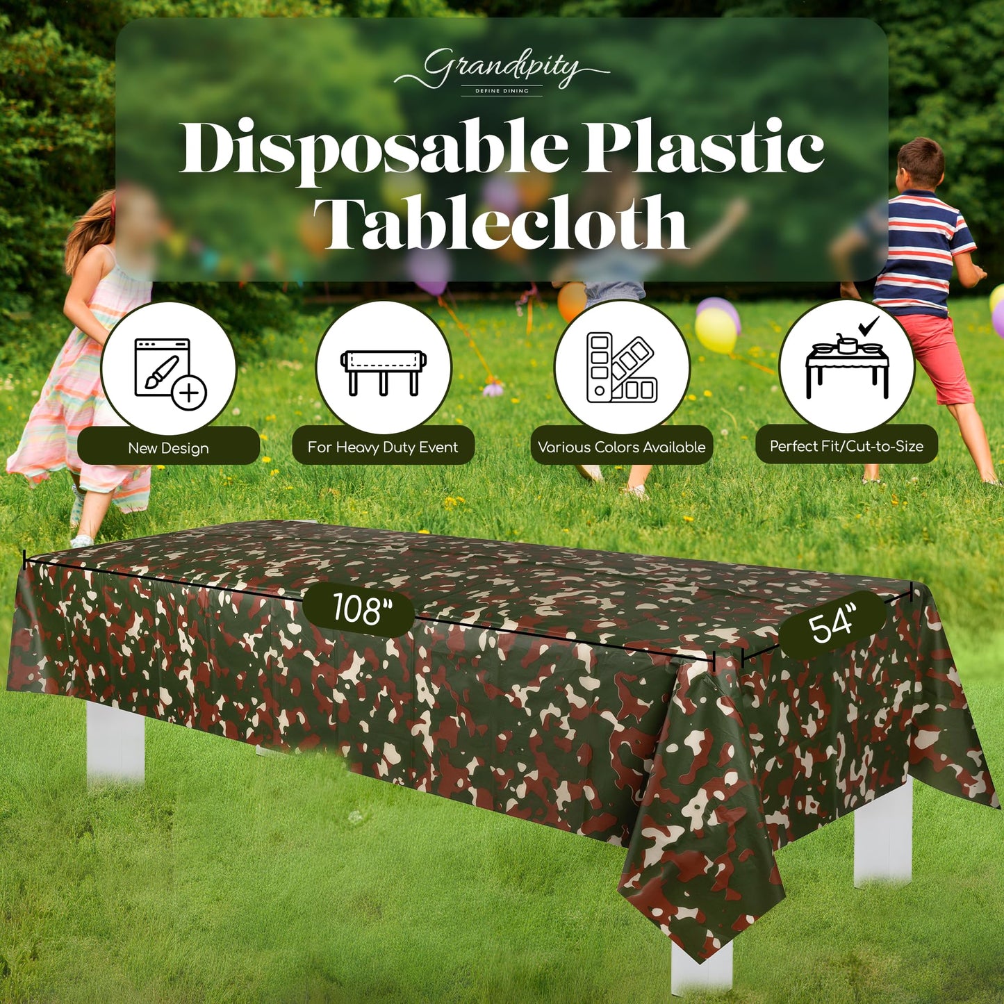 Grandipity Camouflage 6 Pack Premium Disposable Plastic Tablecloth 54 Inch. x 108 Inch. Rectangle Table Cover