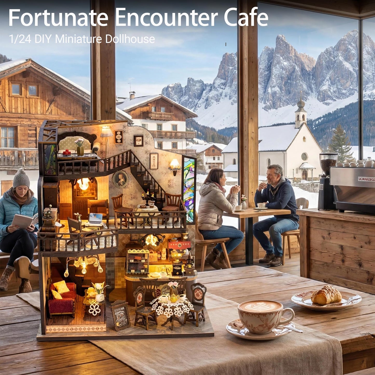 DIY Miniature House Kit, Fairy Dollhouse for Adults to Build, Mini Home Building Kit with Wooden Furniture & LED Lights,Garden Detials, Gift for Family and Friends (Fortunate Encounter Café)