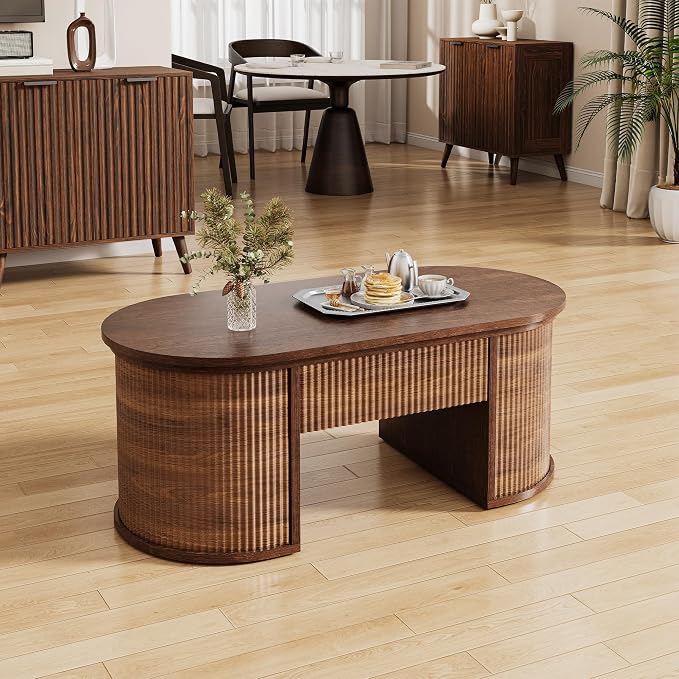 Fluted Lift Top Coffee Table with Storage, Oval Living Room Center Table with Hidden Compartment, Modern Mid-Century Wood Coffee Table for Small Spaces, Home Office, Walnut