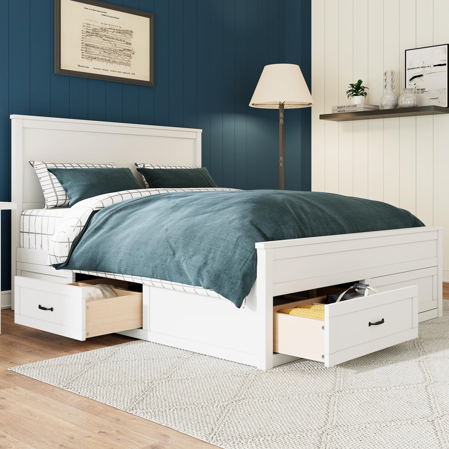 GDFStudio Queen Size Storage Bed Frame with 6 Drawers, 48.8" Tall Headboard Platform Bed Frame with Wooden Slats, Modern Bedroom Storage Furniture, No Box Spring Needed, White